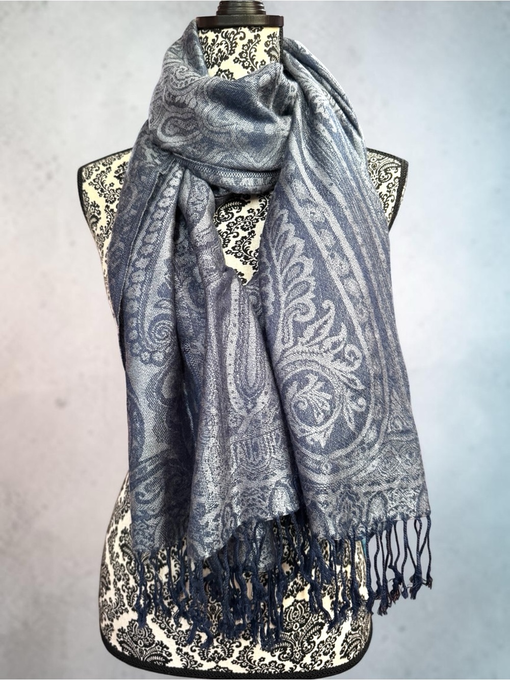 Pashmina & Silk Reversible Jacquard Blue Woven Scarf Shawl With Fringe Ends.